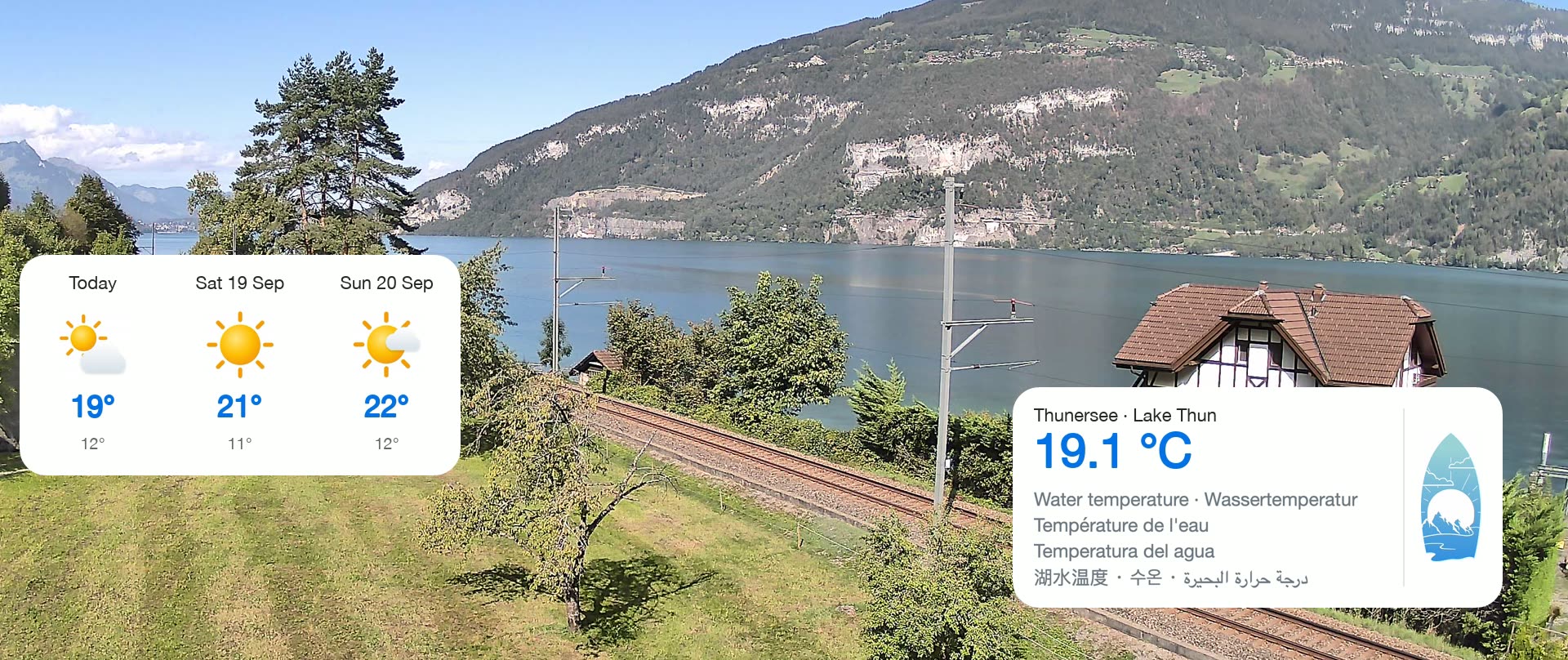 Live view of Lake Thun from the Surfers Lodge in Därligen near Interlaken, with weather and water temperature